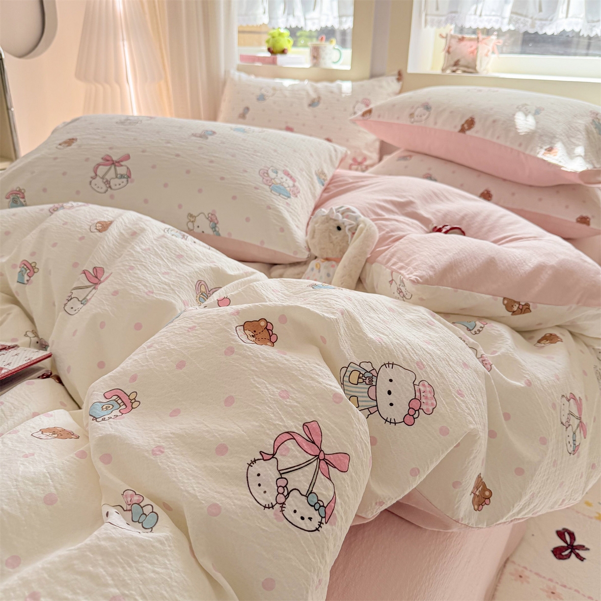 91家纺网 家纺一手货源 找家纺 名兮家居 2026新款A类皱皱纱四件套 天使猫咪