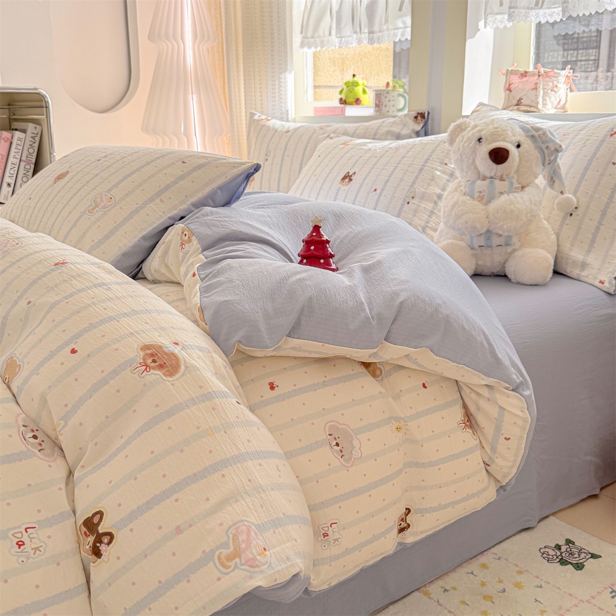 名兮家居 2026新款A类皱皱纱四件套 蓝条日记