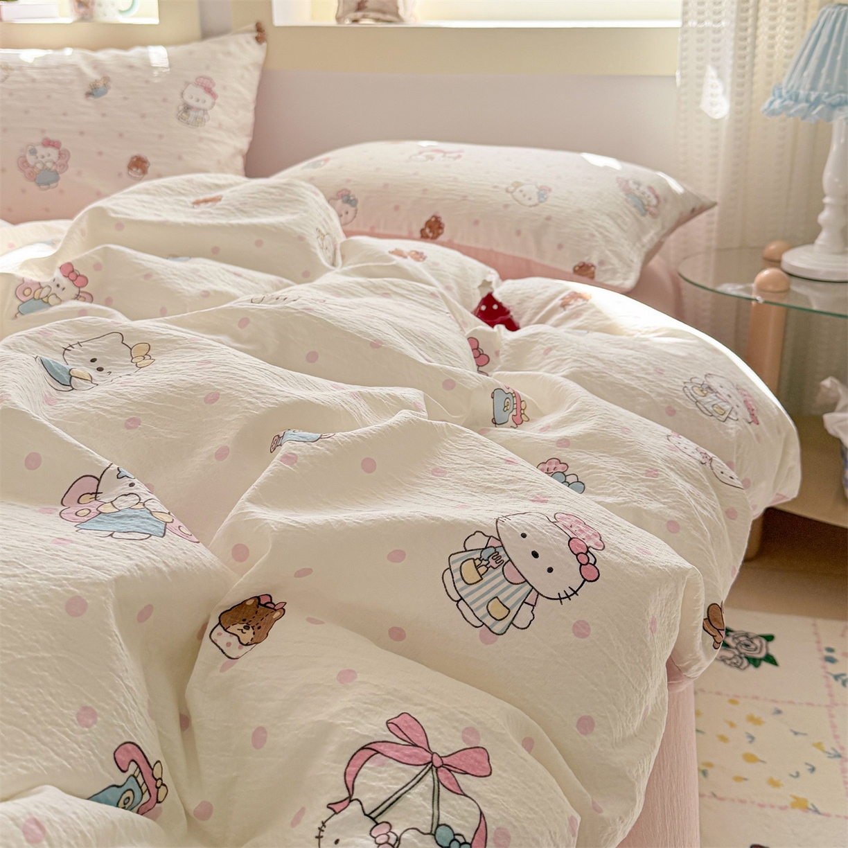 91家纺网 家纺一手货源 找家纺 名兮家居 2026新款A类皱皱纱四件套 天使猫咪