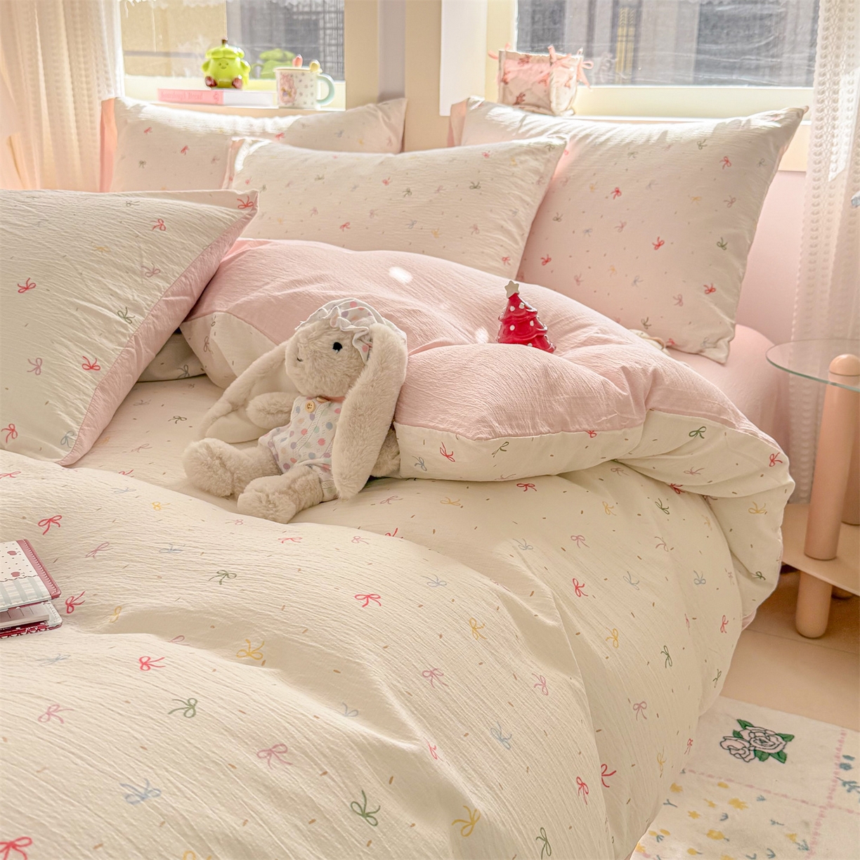 91家纺网 家纺一手货源 找家纺 名兮家居 2026新款A类皱皱纱四件套 彩色蝴蝶结