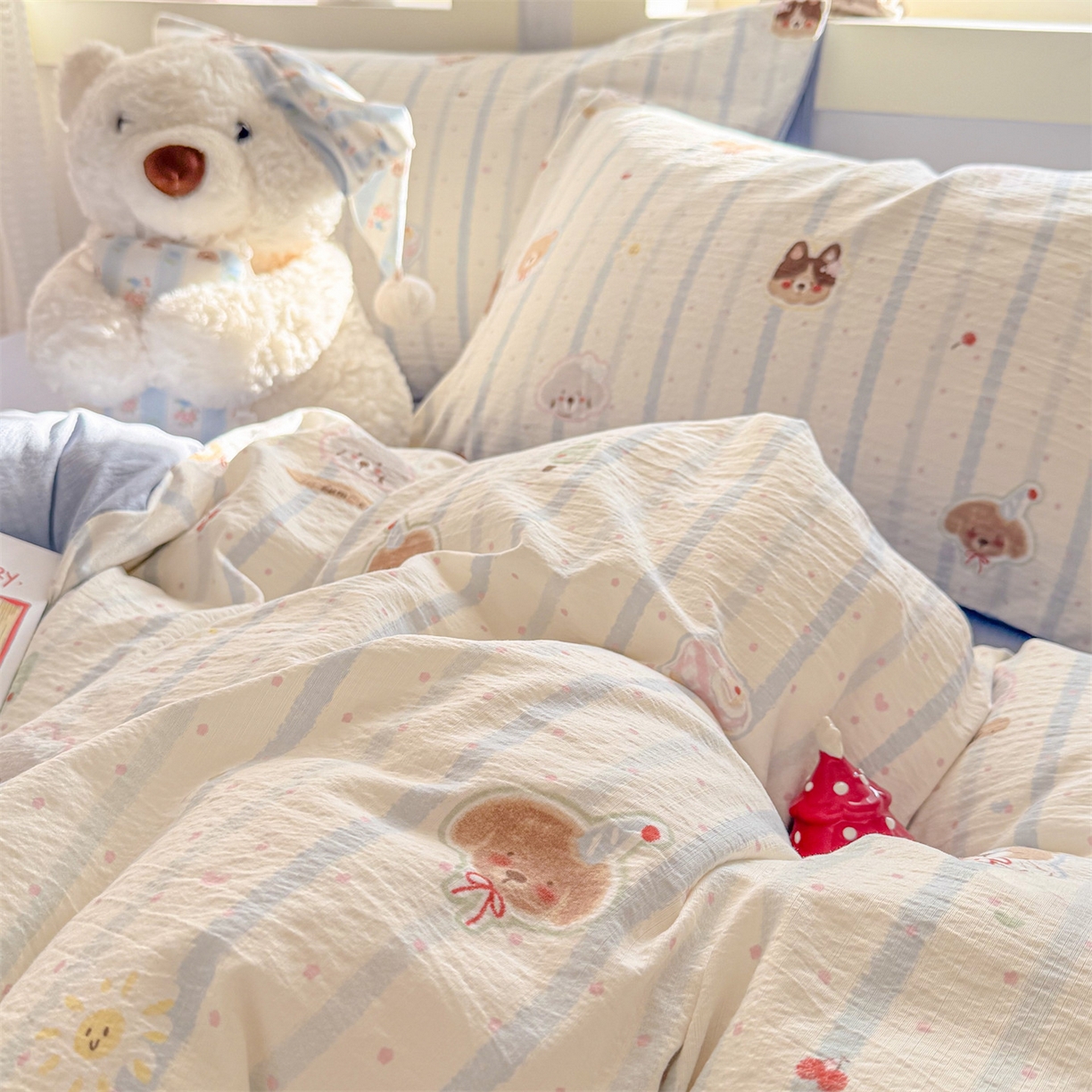 91家纺网 家纺一手货源 找家纺 名兮家居 2026新款A类皱皱纱四件套 蓝条日记