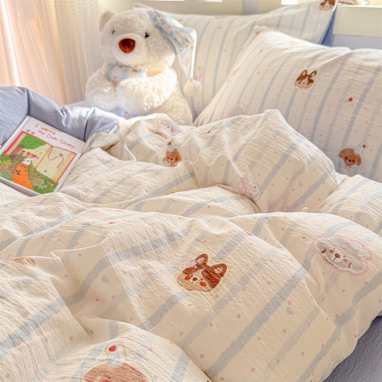 91家纺网 家纺一手货源 找家纺 名兮家居 2026新款A类皱皱纱四件套 蓝条日记