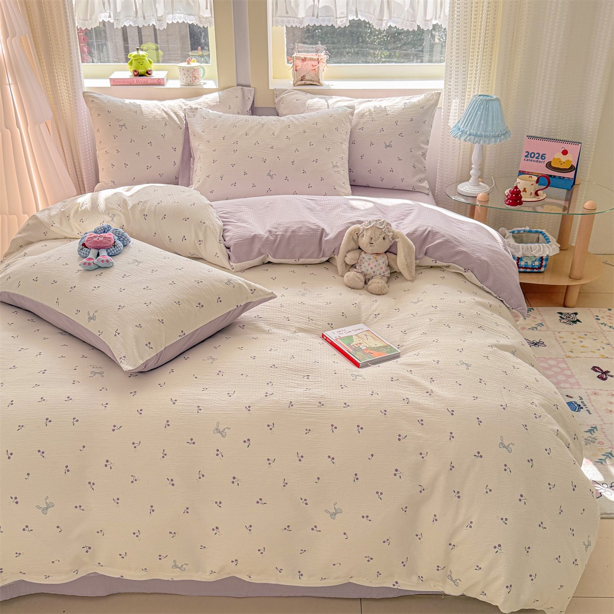 91家纺网 家纺一手货源 找家纺 名兮家居 2026新款A类皱皱纱四件套 紫樱桃