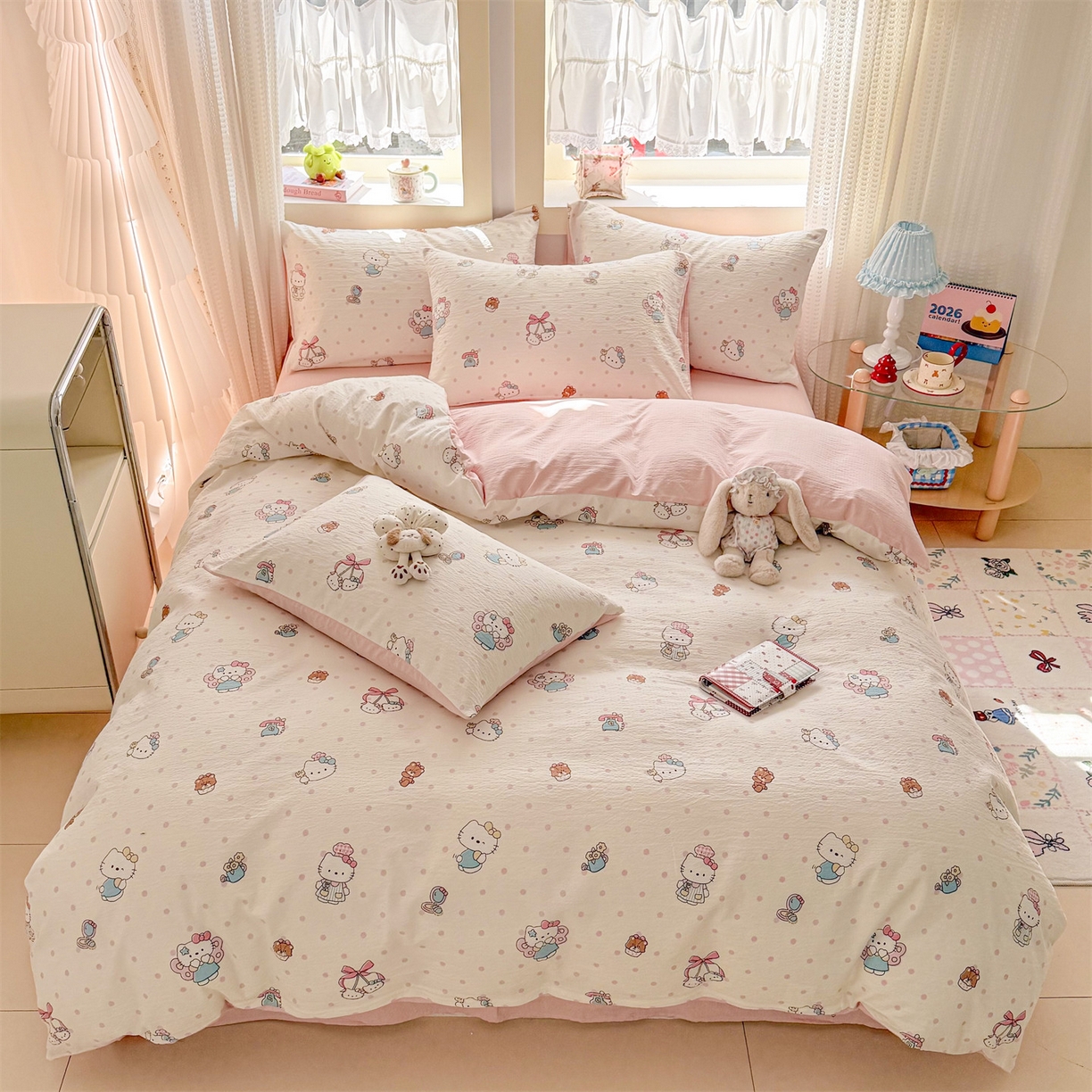 91家纺网 家纺一手货源 找家纺 名兮家居 2026新款A类皱皱纱四件套 天使猫咪