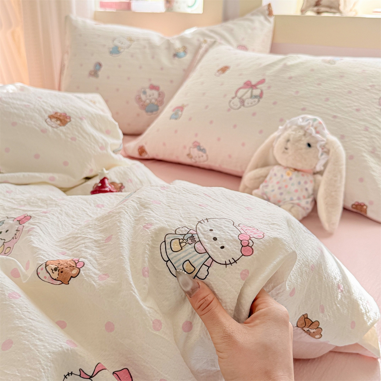 91家纺网 家纺一手货源 找家纺 名兮家居 2026新款A类皱皱纱四件套 天使猫咪