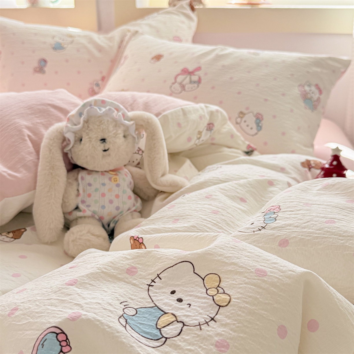 91家纺网 家纺一手货源 找家纺 名兮家居 2026新款A类皱皱纱四件套 天使猫咪