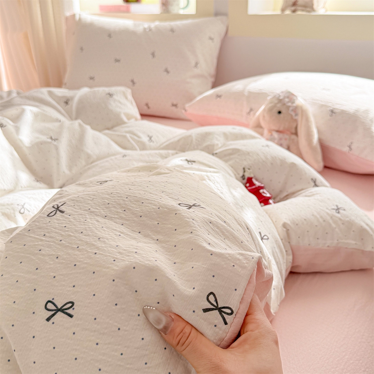 91家纺网 家纺一手货源 找家纺 名兮家居 2026新款A类皱皱纱四件套 时光结