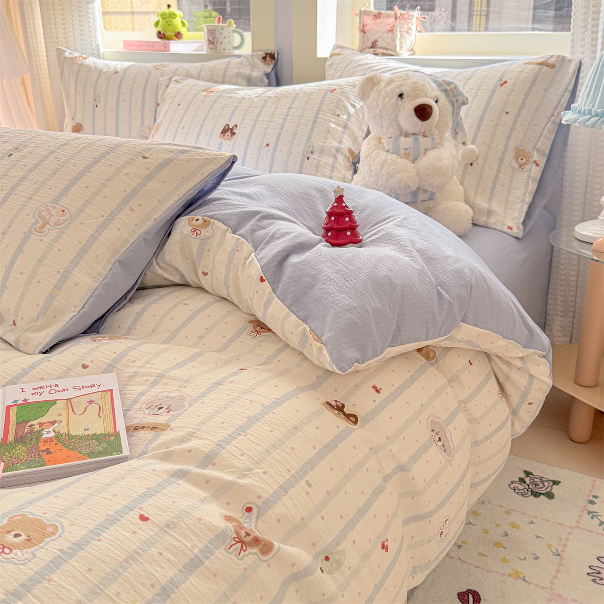 91家纺网 家纺一手货源 找家纺 名兮家居 2026新款A类皱皱纱四件套 蓝条日记