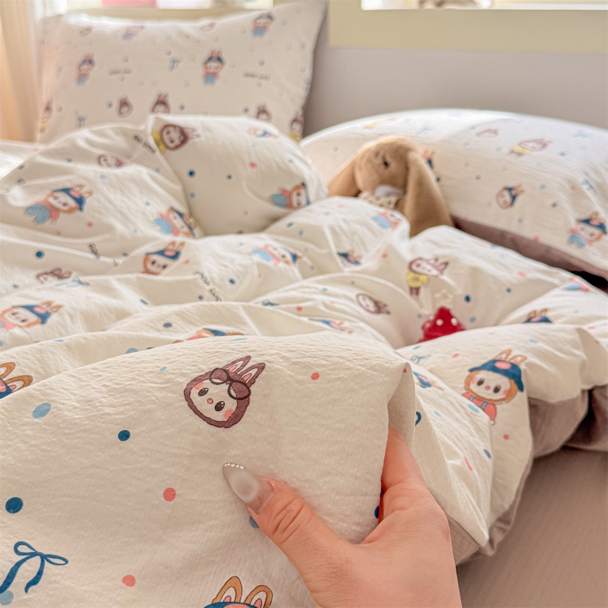 91家纺网 家纺一手货源 找家纺 名兮家居 2026新款A类皱皱纱四件套 泡泡兔