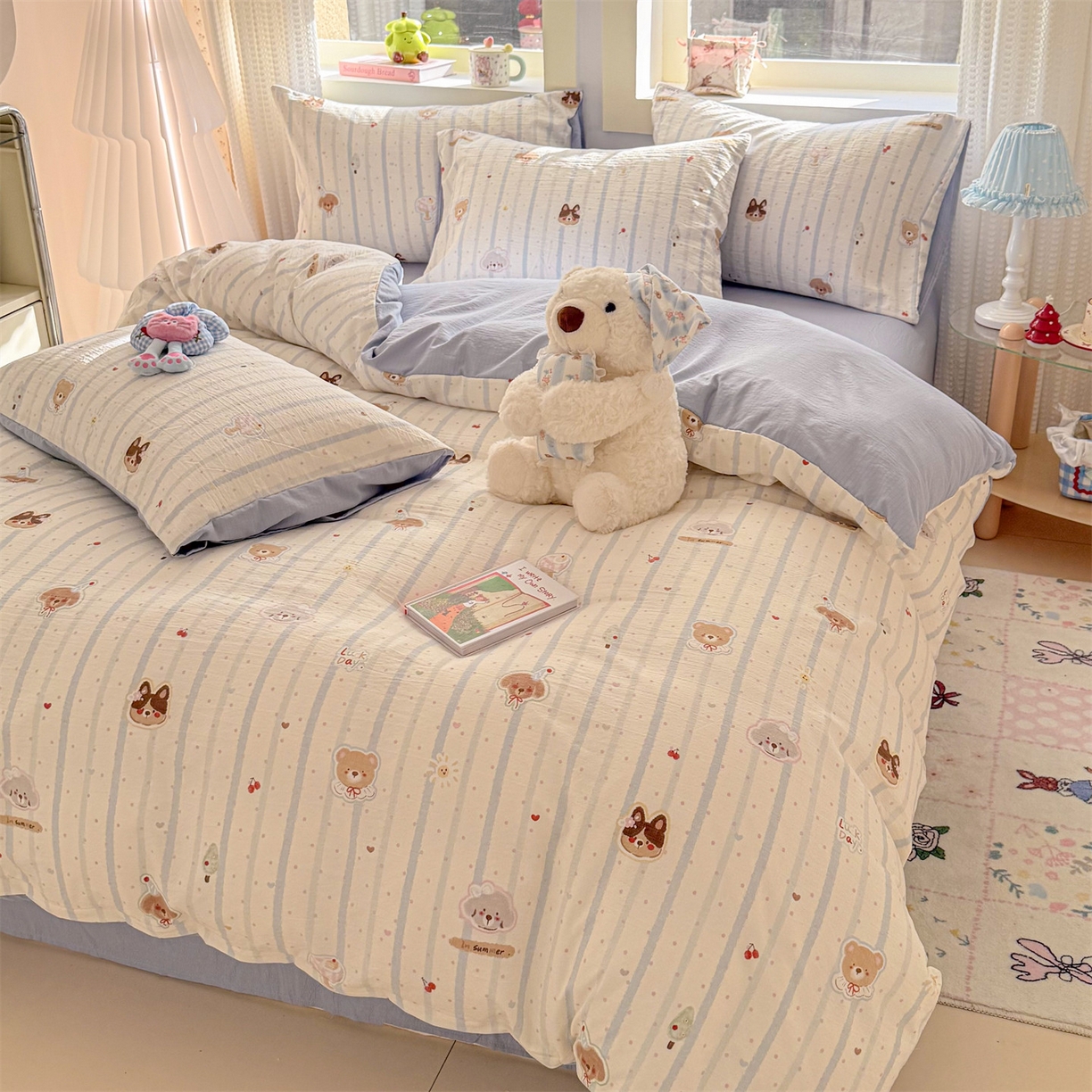 91家纺网 家纺一手货源 找家纺 名兮家居 2026新款A类皱皱纱四件套 蓝条日记