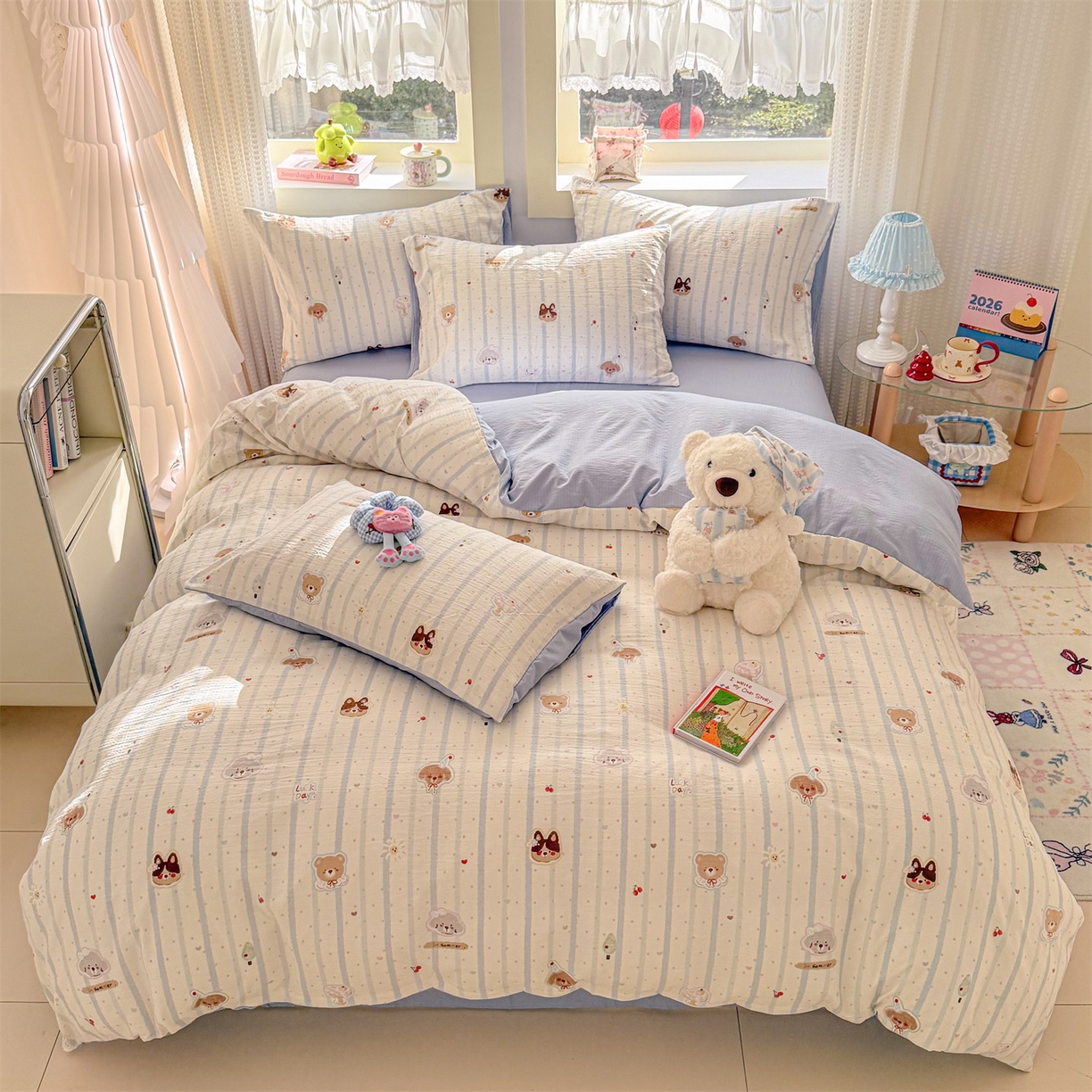 91家纺网 家纺一手货源 找家纺 名兮家居 2026新款A类皱皱纱四件套 蓝条日记