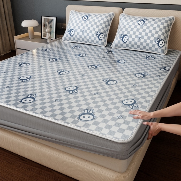 91家纺网 家纺一手货源 找家纺 好福居 2026新款A类冰感抑菌印花冰丝席凉席-床笠款-床席款 拉布布蓝-床笠款