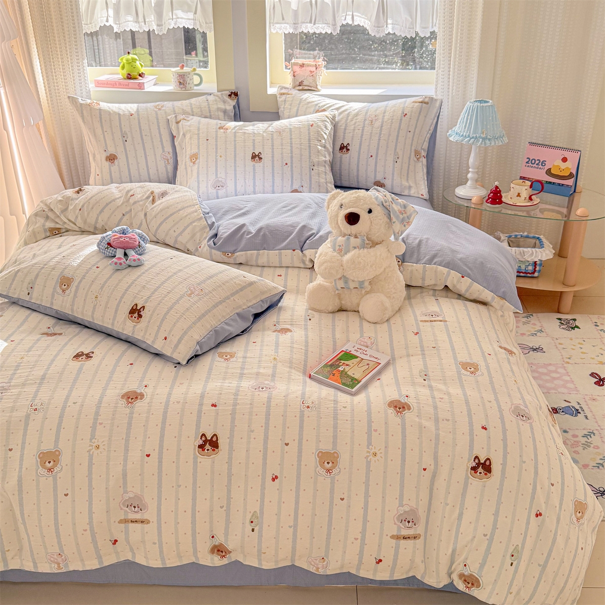 91家纺网 家纺一手货源 找家纺 名兮家居 2026新款A类皱皱纱四件套 蓝条日记