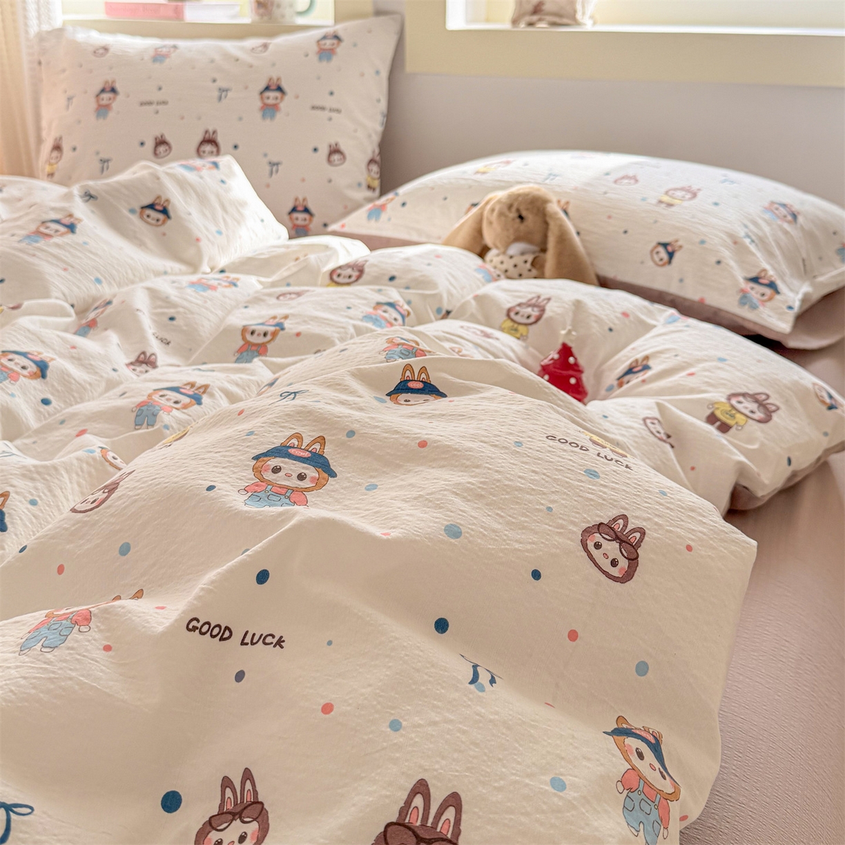 91家纺网 家纺一手货源 找家纺 名兮家居 2026新款A类皱皱纱四件套 泡泡兔