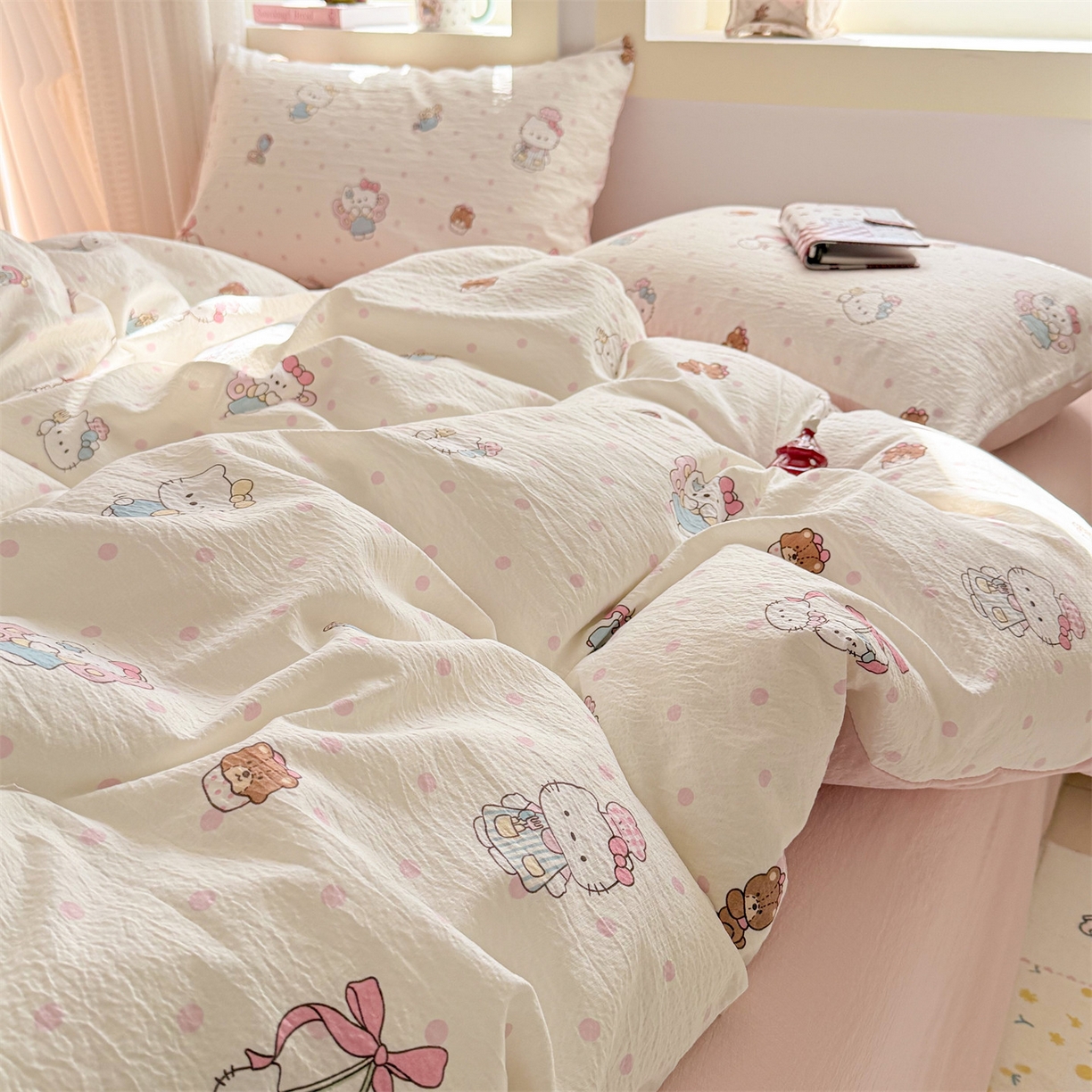 91家纺网 家纺一手货源 找家纺 名兮家居 2026新款A类皱皱纱四件套 天使猫咪