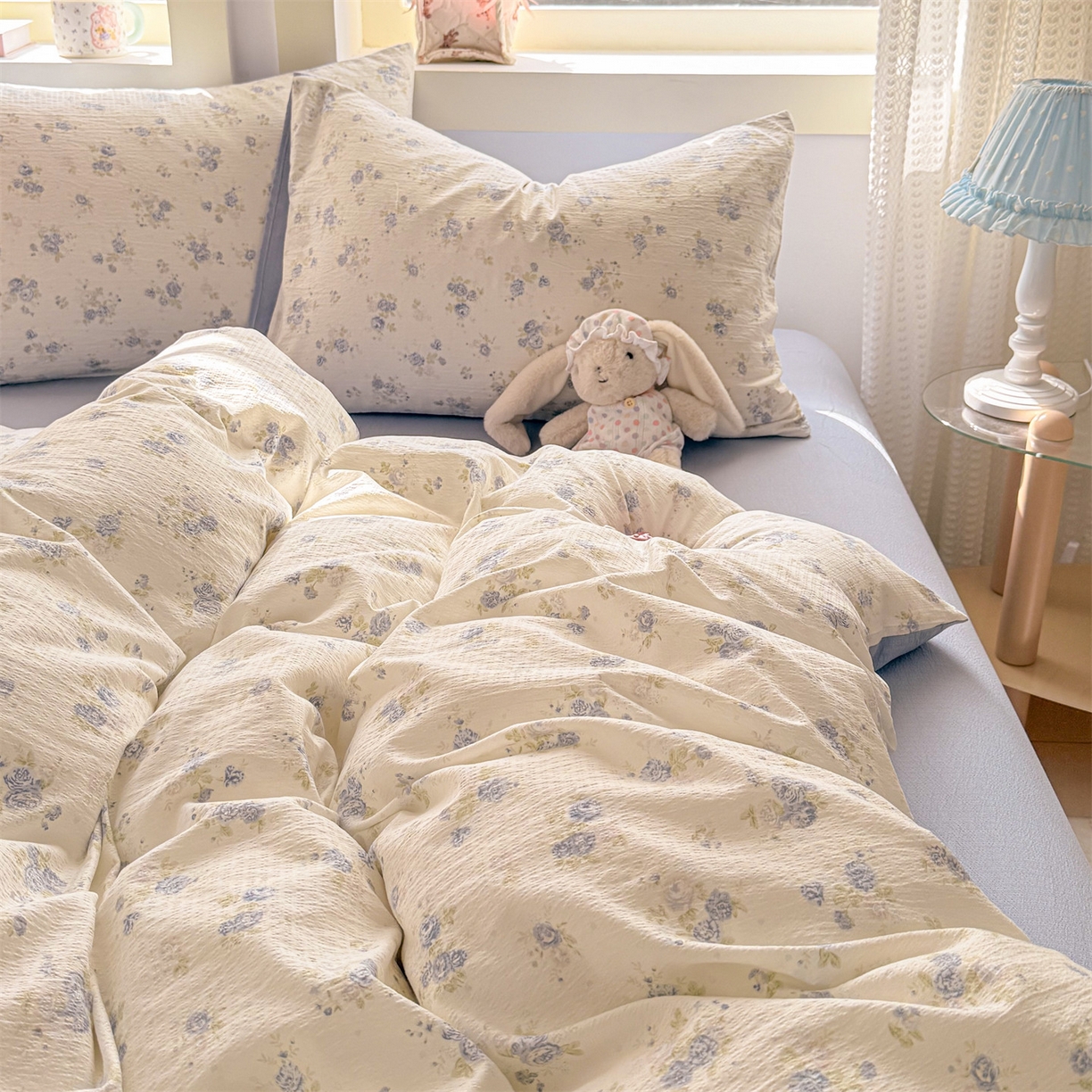 91家纺网 家纺一手货源 找家纺 名兮家居 2026新款A类皱皱纱四件套 兰香入梦