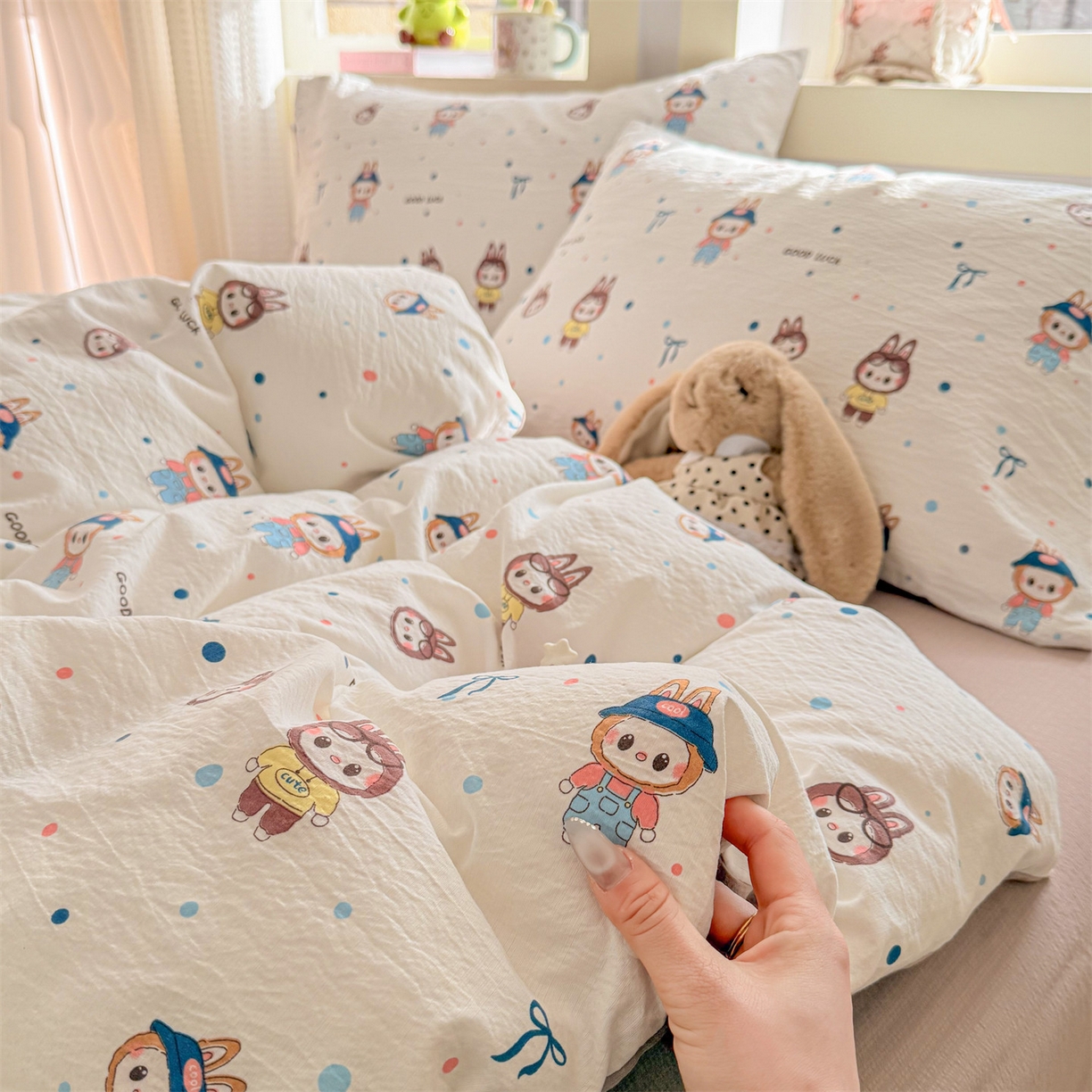 91家纺网 家纺一手货源 找家纺 名兮家居 2026新款A类皱皱纱四件套 泡泡兔