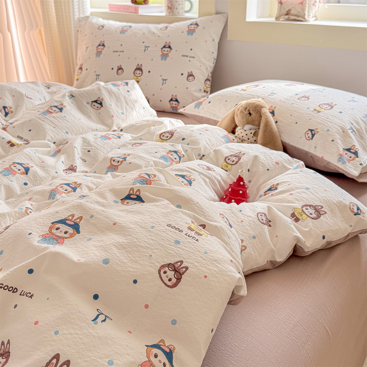 91家纺网 家纺一手货源 找家纺 名兮家居 2026新款A类皱皱纱四件套 泡泡兔