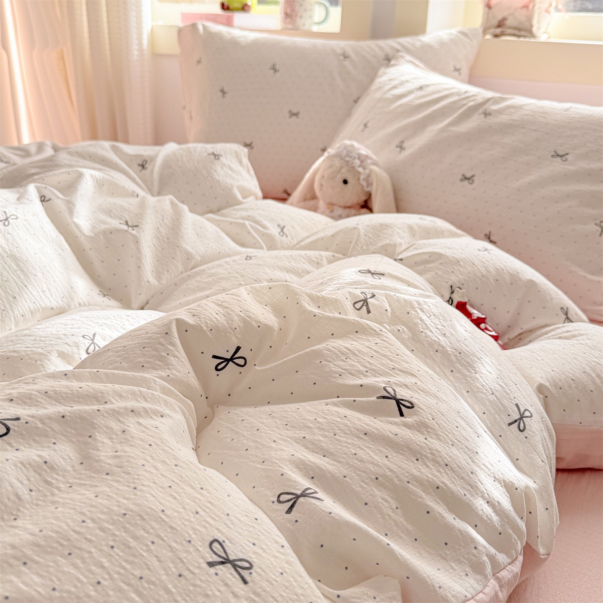 91家纺网 家纺一手货源 找家纺 名兮家居 2026新款A类皱皱纱四件套 时光结