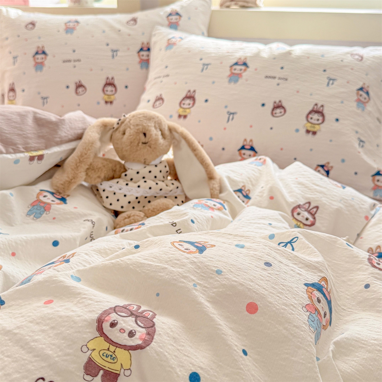 91家纺网 家纺一手货源 找家纺 名兮家居 2026新款A类皱皱纱四件套 泡泡兔