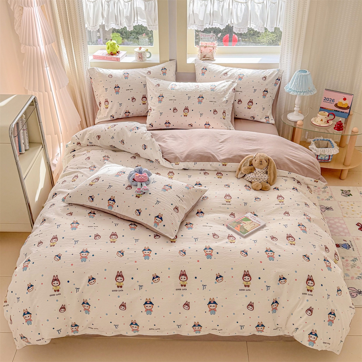 91家纺网 家纺一手货源 找家纺 名兮家居 2026新款A类皱皱纱四件套 泡泡兔