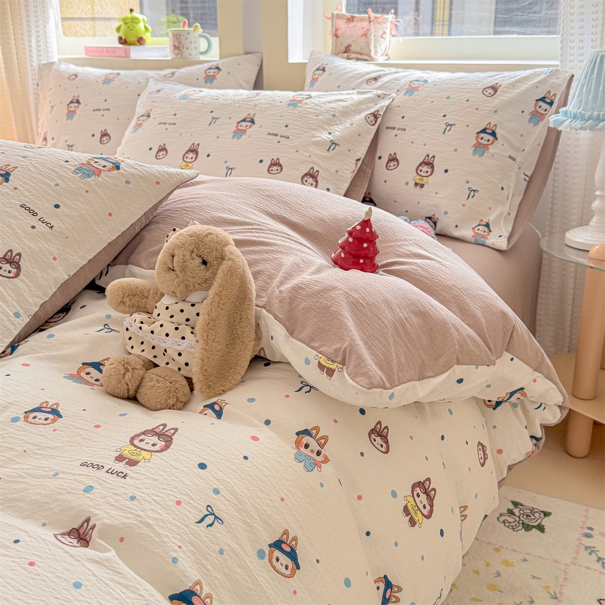 91家纺网 家纺一手货源 找家纺 名兮家居 2026新款A类皱皱纱四件套 泡泡兔