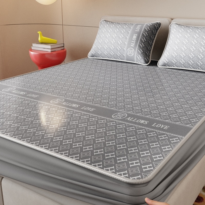 91家纺网 家纺一手货源 找家纺 好福居 2026新款A类冰感抑菌印花冰丝席凉席-床笠款-床席款 灰H-床笠款