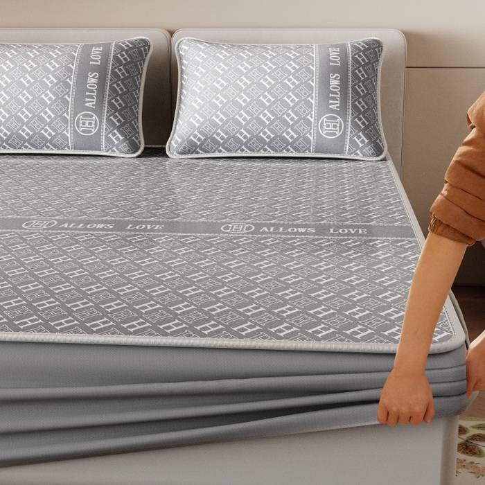 91家纺网 家纺一手货源 找家纺 好福居 2026新款A类冰感抑菌印花冰丝席凉席-床笠款-床席款 灰H-床笠款