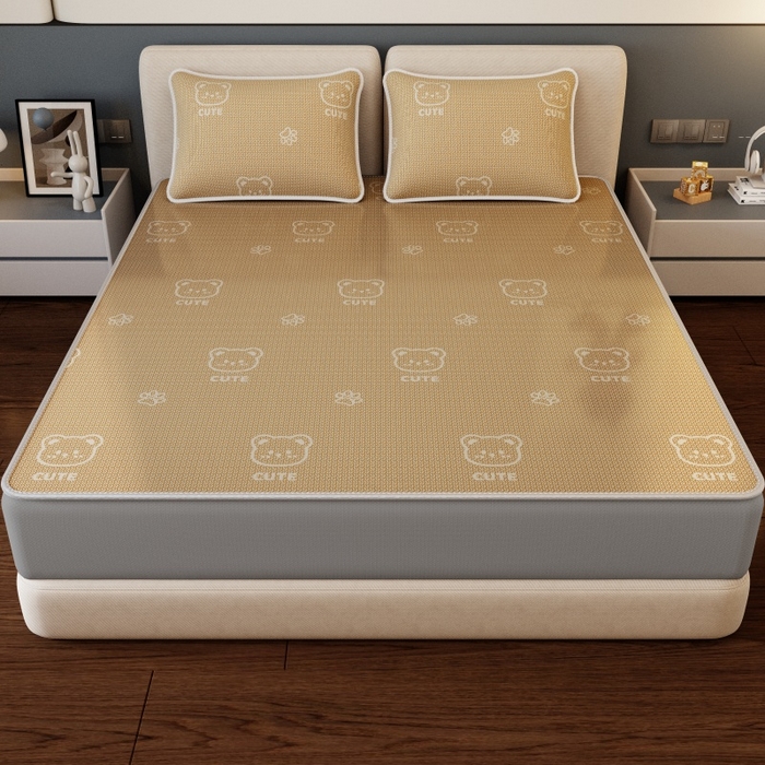 91家纺网 家纺一手货源 找家纺 好福居 2026新款A类冰感抑菌印花冰丝席凉席-床笠款-床席款 开心小熊咖-床笠款