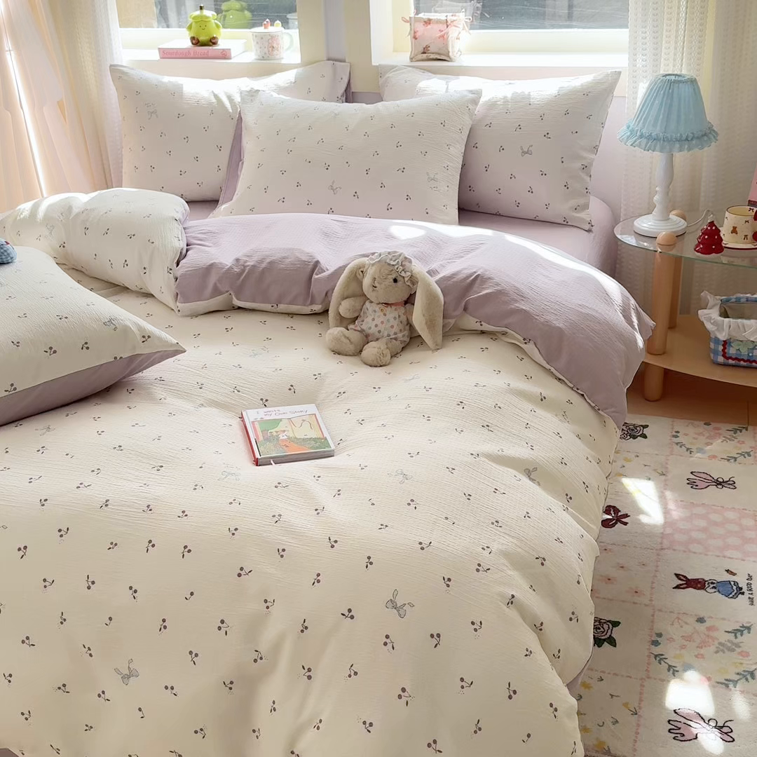 91家纺网 家纺一手货源 找家纺 名兮家居 2026新款A类皱皱纱四件套 紫樱桃