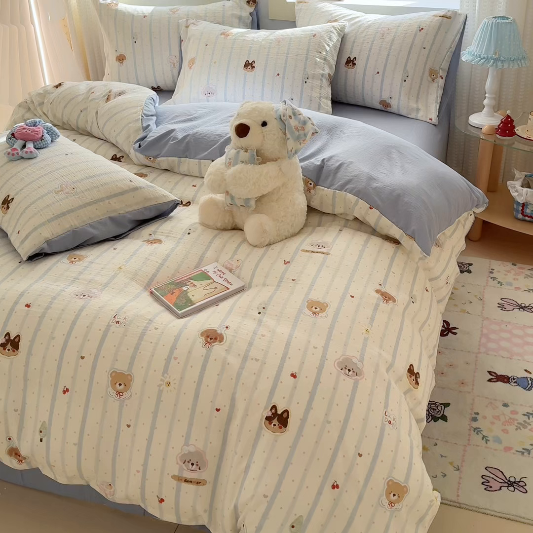 91家纺网 家纺一手货源 找家纺 名兮家居 2026新款A类皱皱纱四件套 蓝条日记