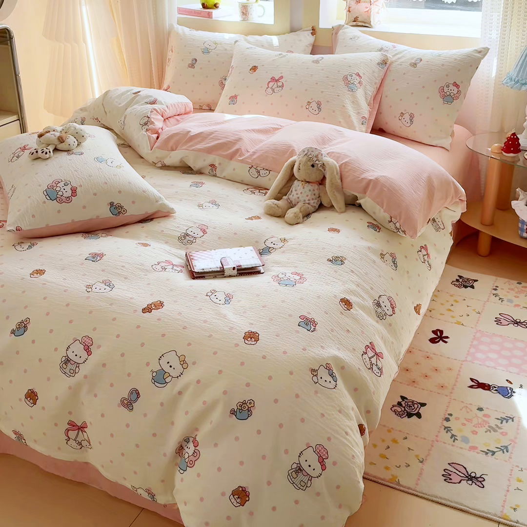 91家纺网 家纺一手货源 找家纺 名兮家居 2026新款A类皱皱纱四件套 天使猫咪