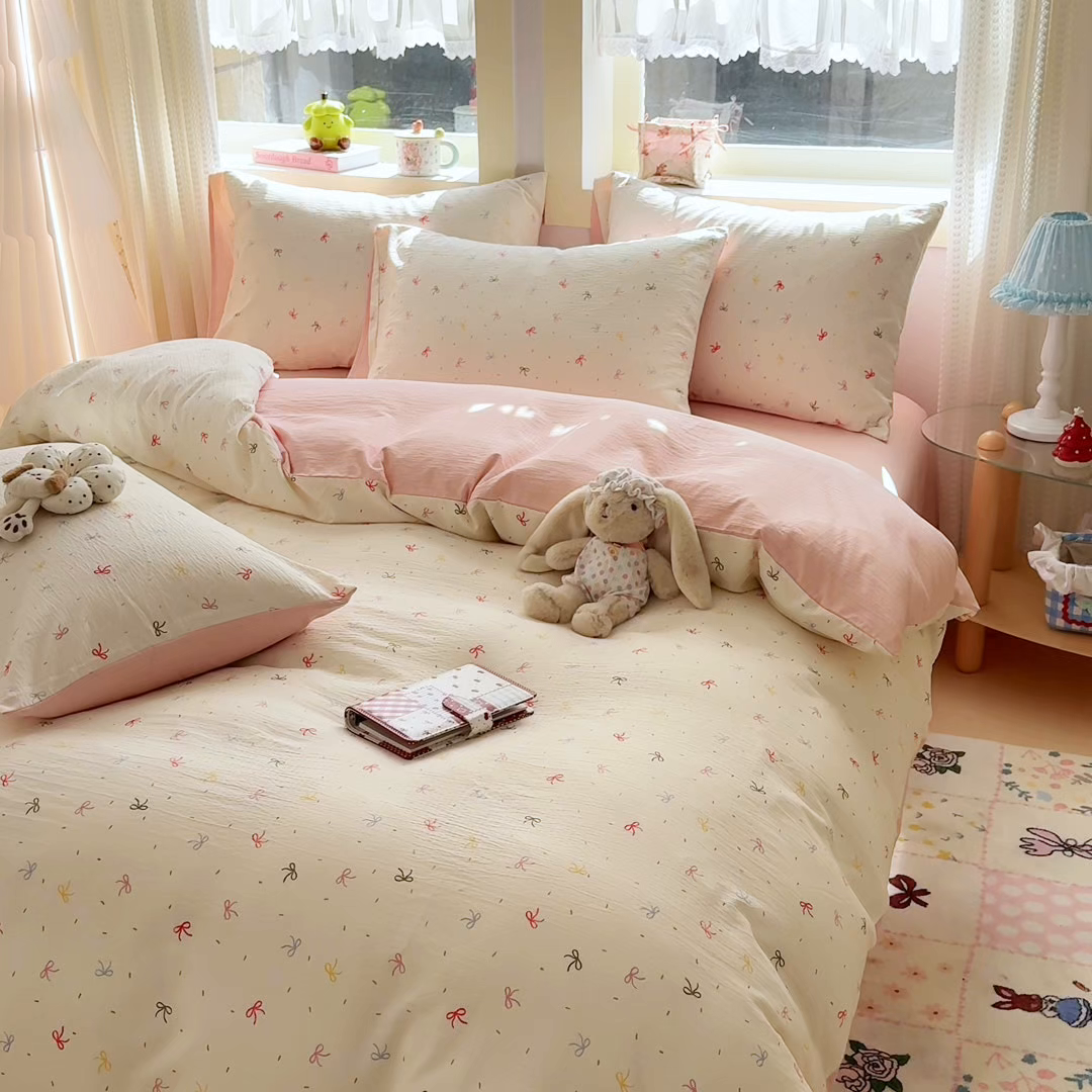 91家纺网 家纺一手货源 找家纺 名兮家居 2026新款A类皱皱纱四件套 彩色蝴蝶结
