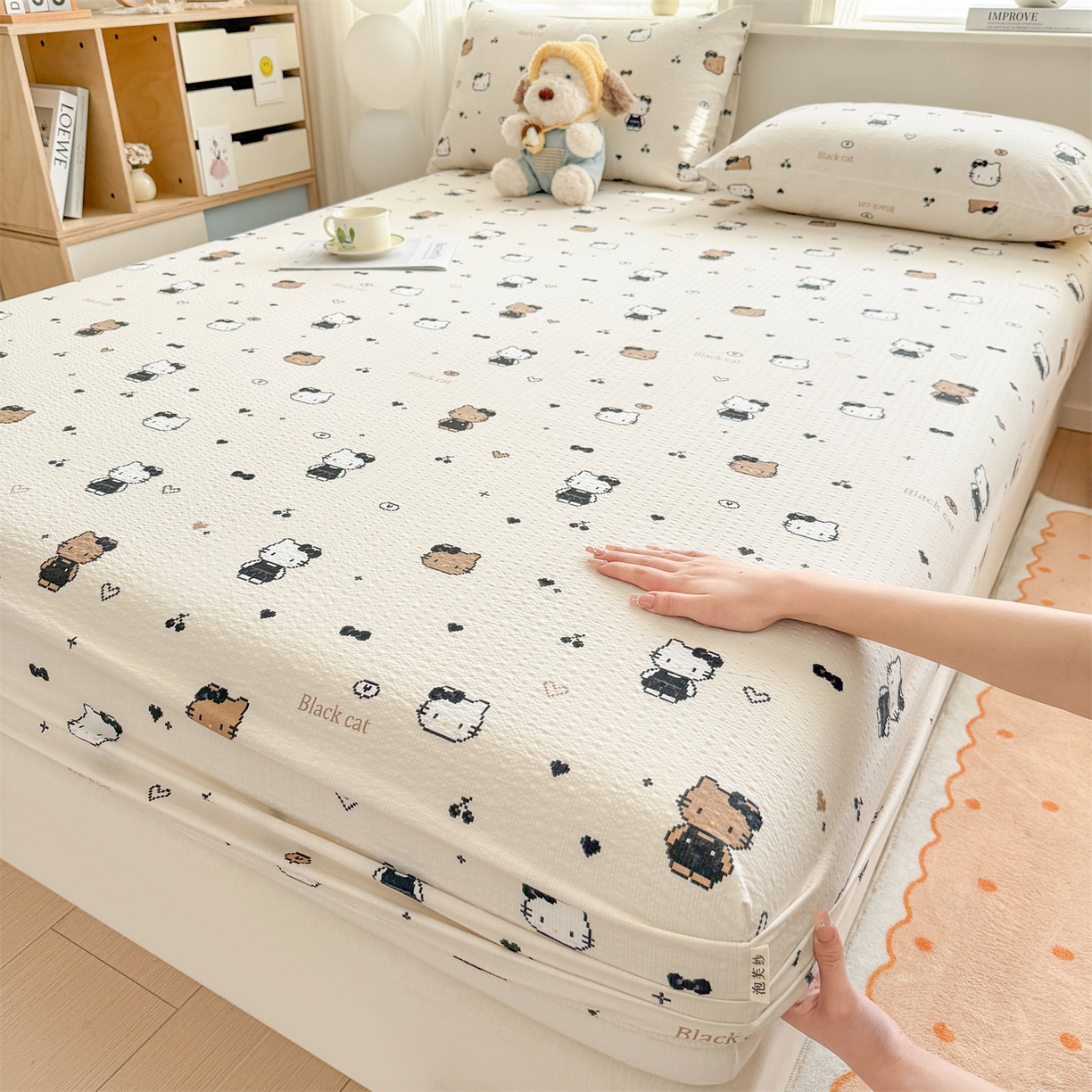 优眠坊 2026春夏新款泡芙纱印花单床笠 床笠单件 奥利小猫-单层