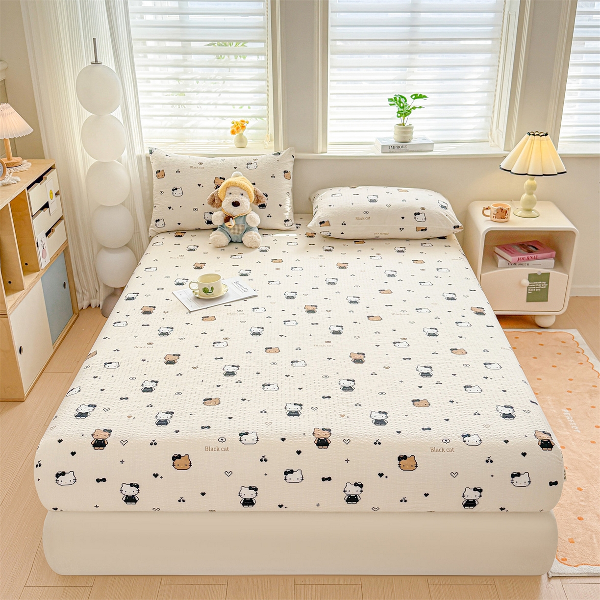 91家纺网 家纺一手货源 找家纺 优眠坊 2026春夏新款泡芙纱印花单床笠 床笠单件 奥利小猫-单层