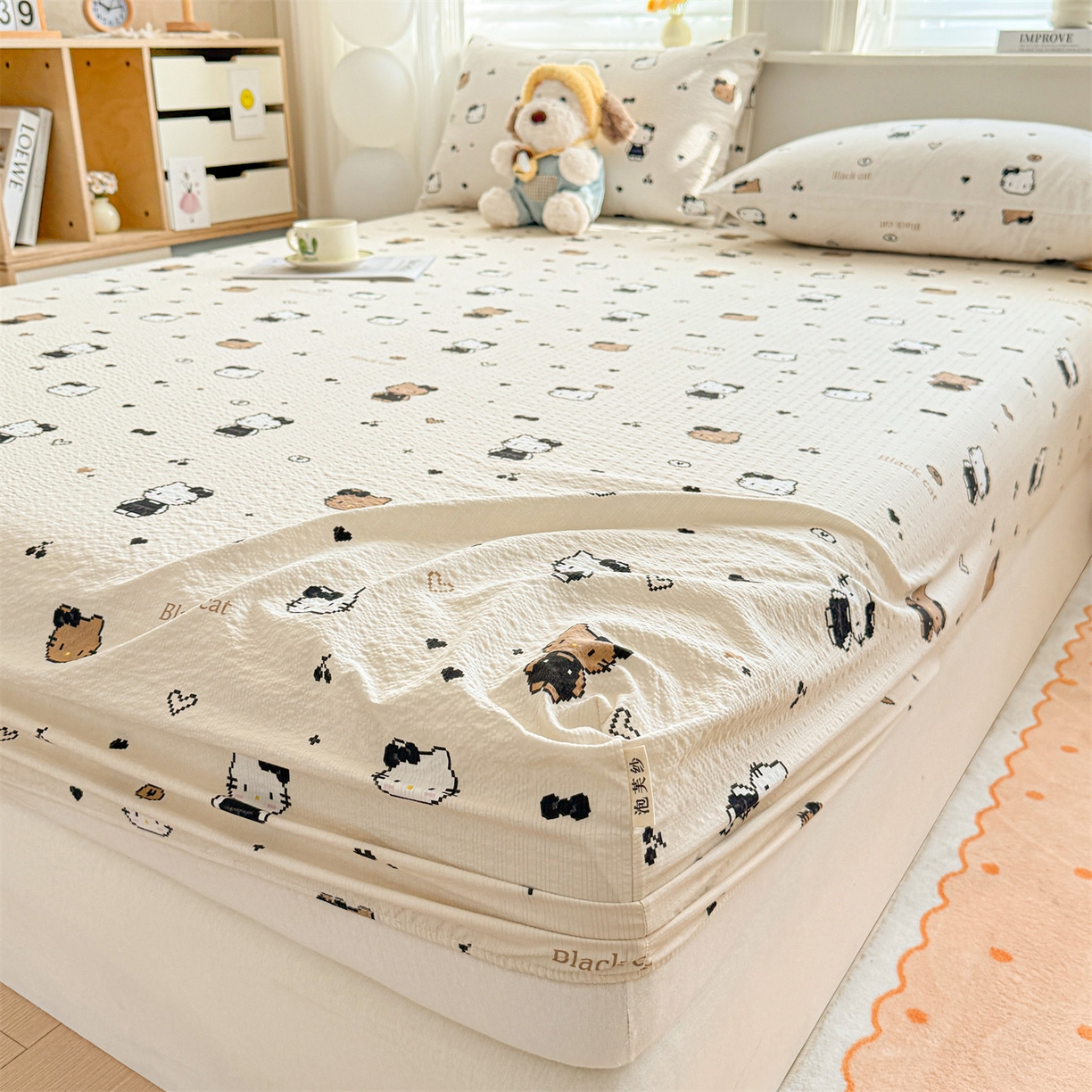 91家纺网 家纺一手货源 找家纺 优眠坊 2026春夏新款泡芙纱印花单床笠 床笠单件 奥利小猫-单层