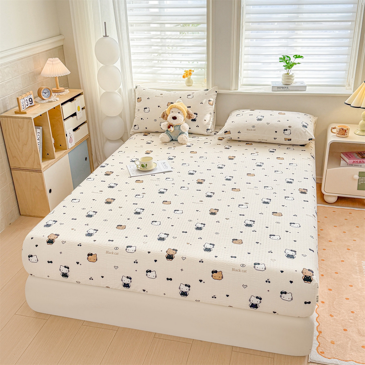 91家纺网 家纺一手货源 找家纺 优眠坊 2026春夏新款泡芙纱印花单床笠 床笠单件 奥利小猫-单层