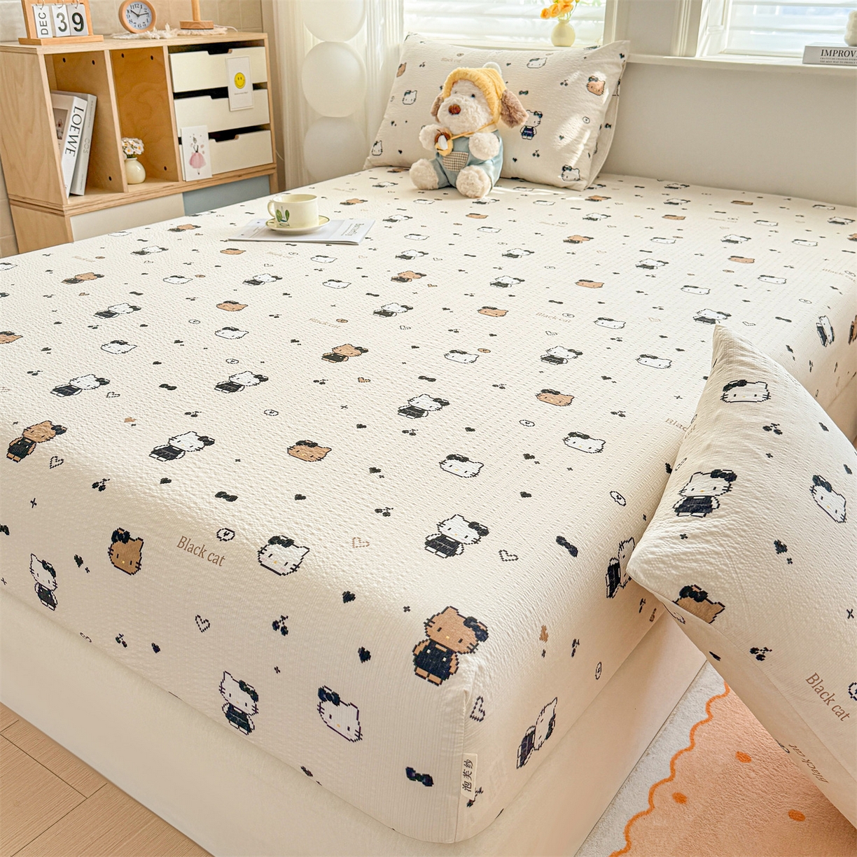 91家纺网 家纺一手货源 找家纺 优眠坊 2026春夏新款泡芙纱印花单床笠 床笠单件 奥利小猫-单层