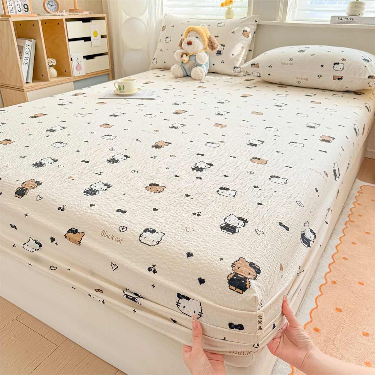 91家纺网 家纺一手货源 找家纺 优眠坊 2026春夏新款泡芙纱印花单床笠 床笠单件 奥利小猫-单层