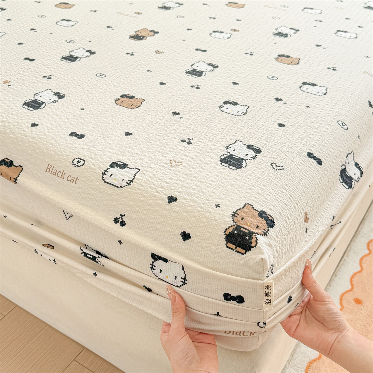 91家纺网 家纺一手货源 找家纺 优眠坊 2026春夏新款泡芙纱印花单床笠 床笠单件 奥利小猫-单层