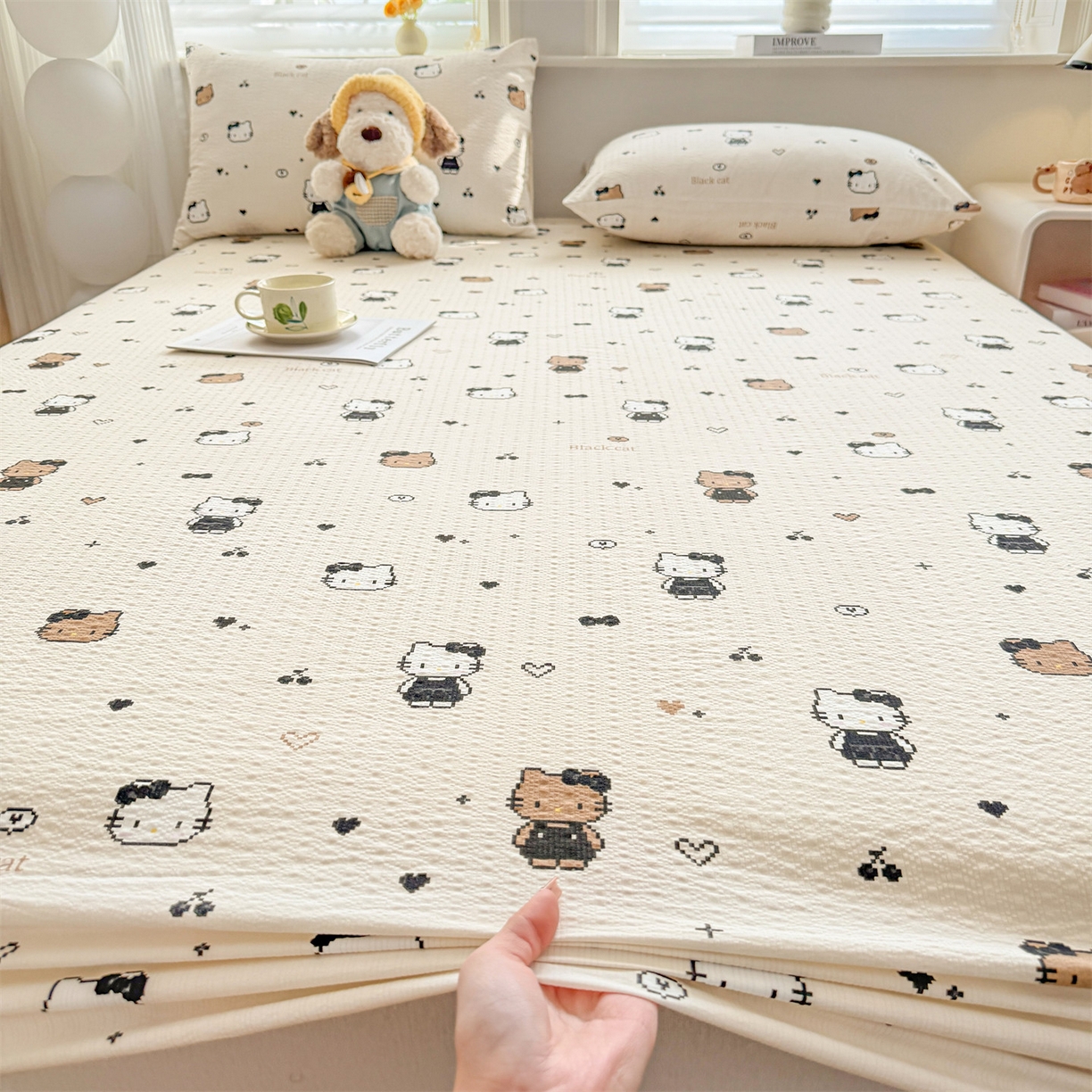 91家纺网 家纺一手货源 找家纺 优眠坊 2026春夏新款泡芙纱印花单床笠 床笠单件 奥利小猫-单层