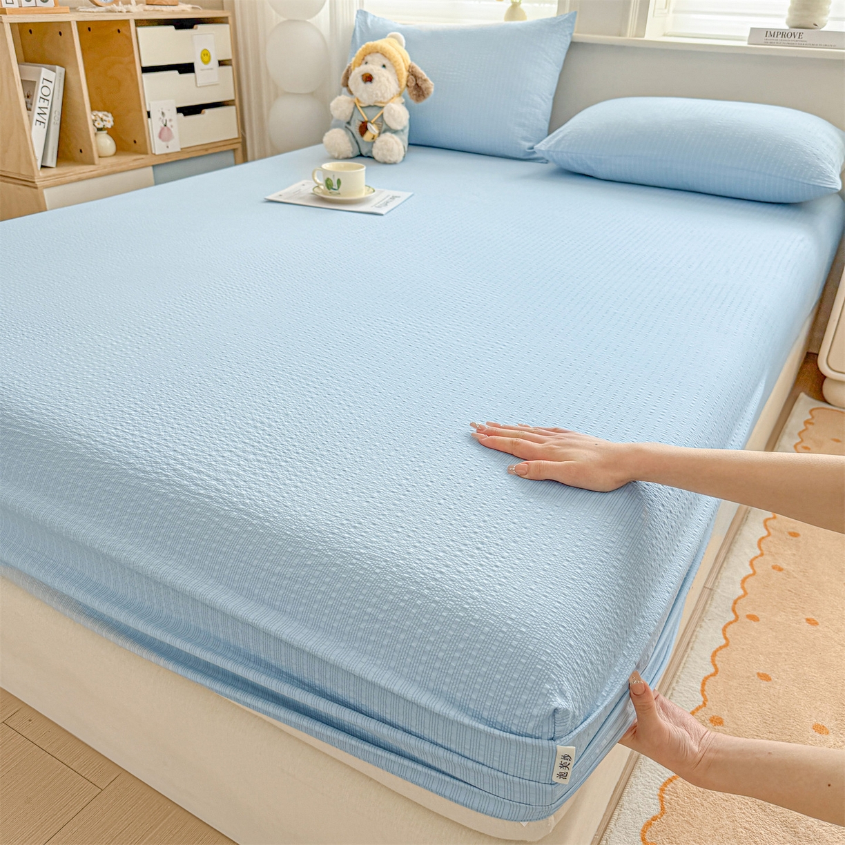 优眠坊 2026春夏新款泡芙纱印花单床笠 床笠单件 冰川蓝-单层