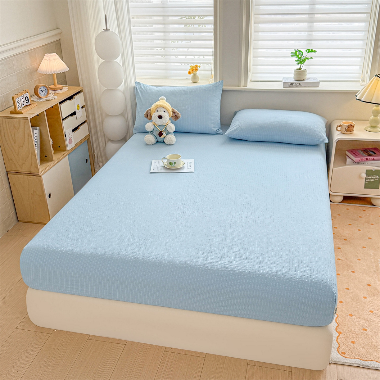 91家纺网 家纺一手货源 找家纺 优眠坊 2026春夏新款泡芙纱印花单床笠 床笠单件 冰川蓝-单层