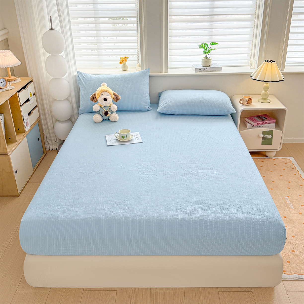 91家纺网 家纺一手货源 找家纺 优眠坊 2026春夏新款泡芙纱印花单床笠 床笠单件 冰川蓝-单层