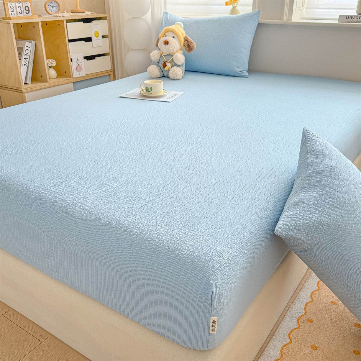 91家纺网 家纺一手货源 找家纺 优眠坊 2026春夏新款泡芙纱印花单床笠 床笠单件 冰川蓝-单层