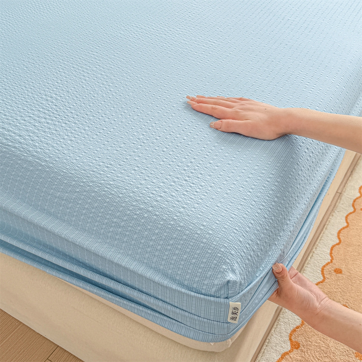 91家纺网 家纺一手货源 找家纺 优眠坊 2026春夏新款泡芙纱印花单床笠 床笠单件 冰川蓝-单层