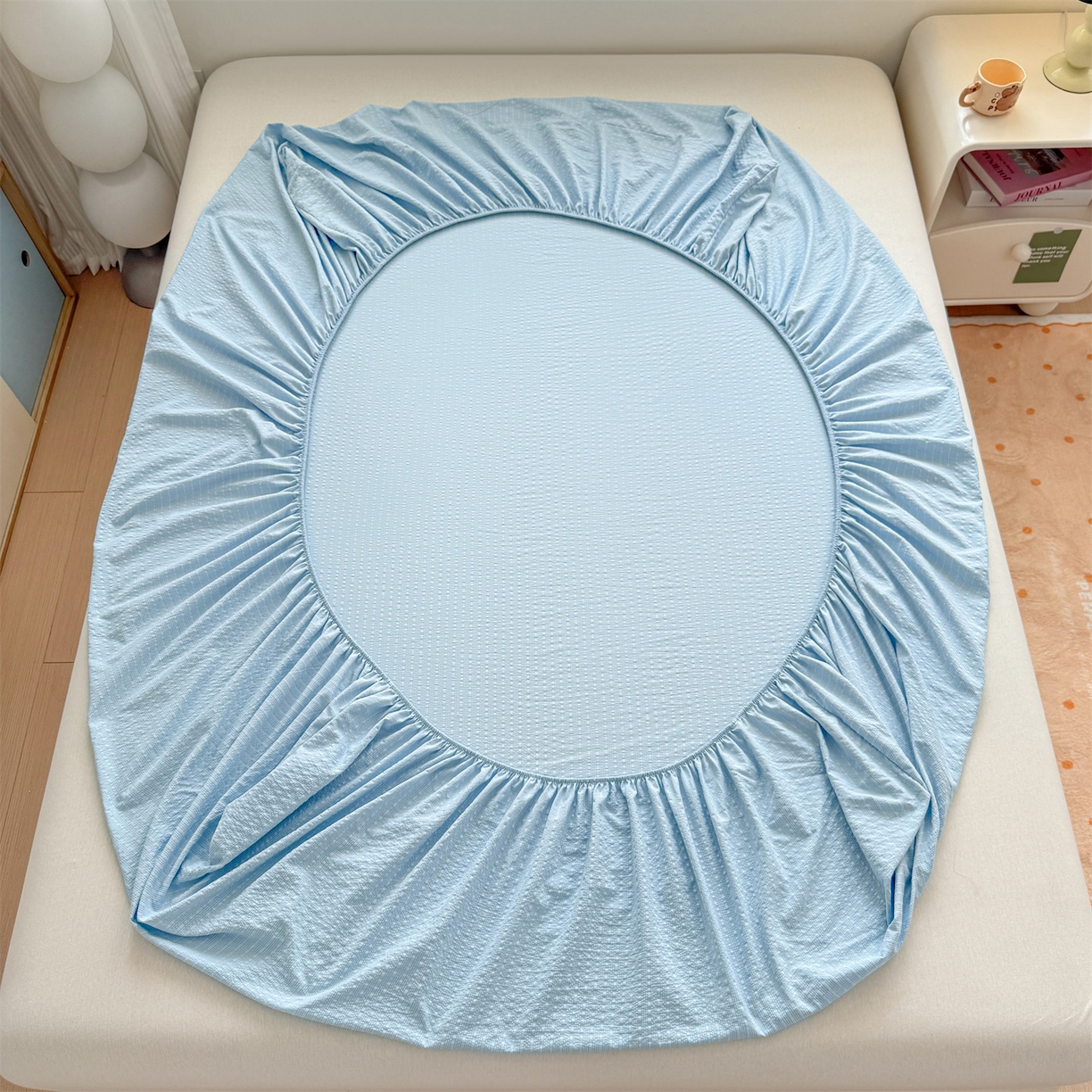 91家纺网 家纺一手货源 找家纺 优眠坊 2026春夏新款泡芙纱印花单床笠 床笠单件 冰川蓝-单层