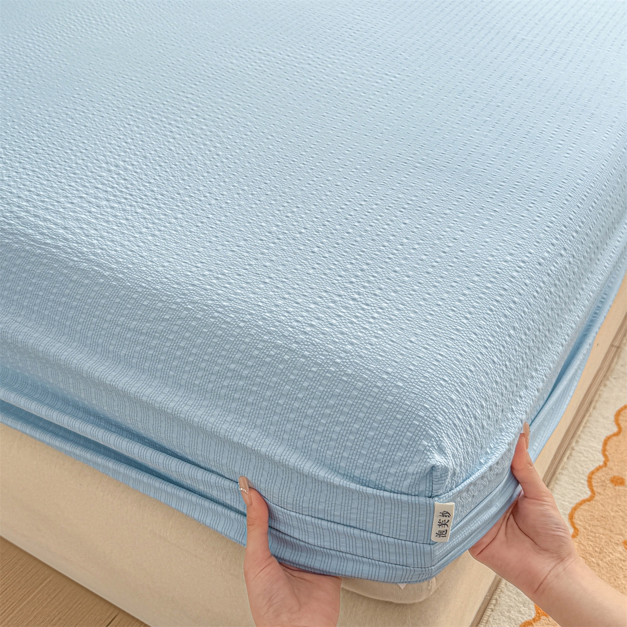 91家纺网 家纺一手货源 找家纺 优眠坊 2026春夏新款泡芙纱印花单床笠 床笠单件 冰川蓝-单层