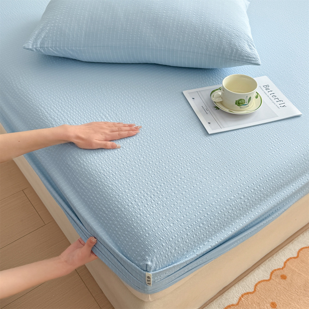 91家纺网 家纺一手货源 找家纺 优眠坊 2026春夏新款泡芙纱印花单床笠 床笠单件 冰川蓝-单层