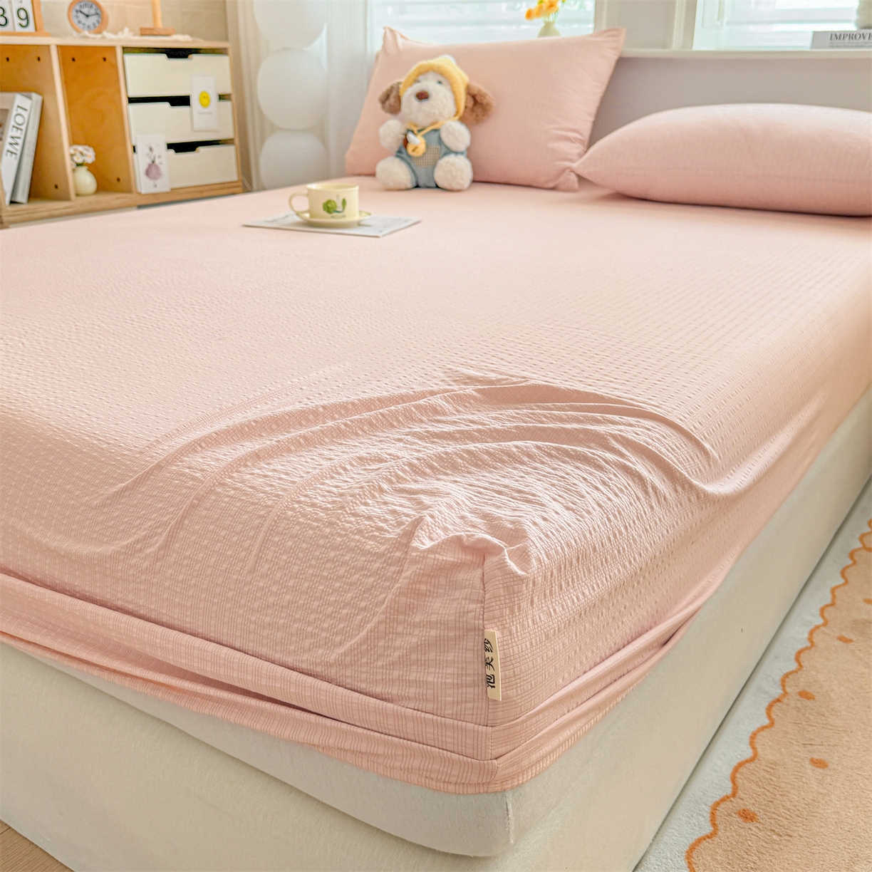 91家纺网 家纺一手货源 找家纺 优眠坊 2026春夏新款泡芙纱印花单床笠 床笠单件 芙蓉粉-单层